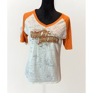 Harley Davidson Womens T Shirt Sz L Burn Out Semi Sheer Rhinestones White Orange
